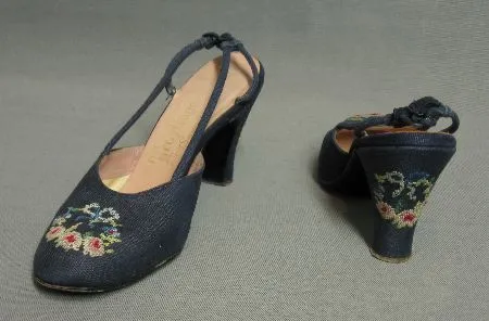 50s Women's Vintage Heels by Troylings Slingback Needlepoint Trim Shoes 7 8 VFG