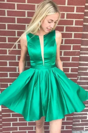 A-line Bateau Backless Knee Length Green Homecoming Dress with Pockets  PD380