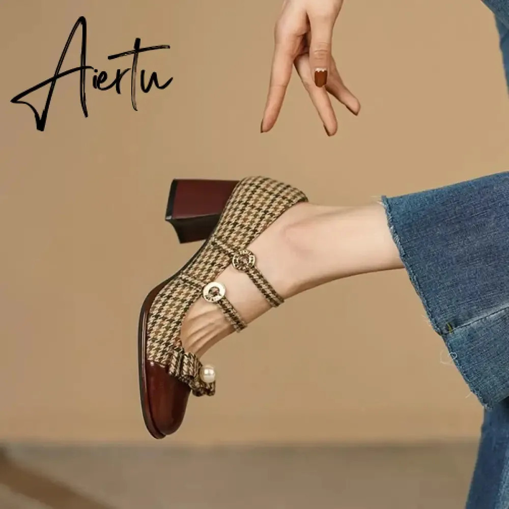 Aiertu Spring/Autumn Women's Shoes Round Toe Chunky Heel Pumps Cotton Fabric Lattice High Heels Genuine Leather Retro Mary Janes