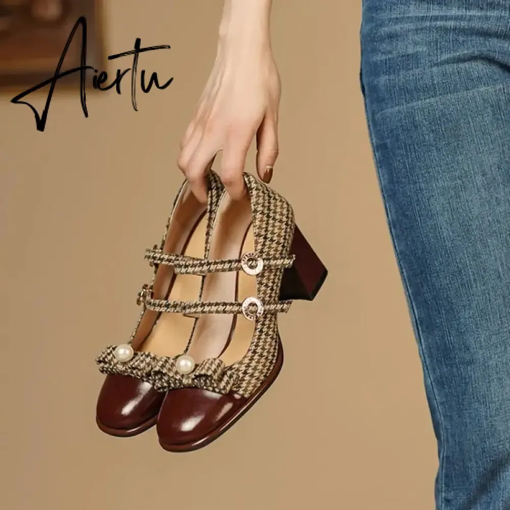 Aiertu Spring/Autumn Women's Shoes Round Toe Chunky Heel Pumps Cotton Fabric Lattice High Heels Genuine Leather Retro Mary Janes