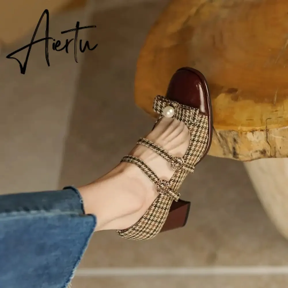 Aiertu Spring/Autumn Women's Shoes Round Toe Chunky Heel Pumps Cotton Fabric Lattice High Heels Genuine Leather Retro Mary Janes