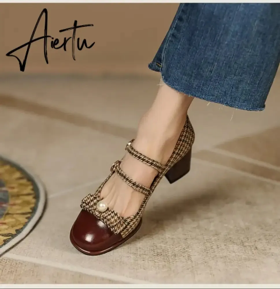 Aiertu Spring/Autumn Women's Shoes Round Toe Chunky Heel Pumps Cotton Fabric Lattice High Heels Genuine Leather Retro Mary Janes