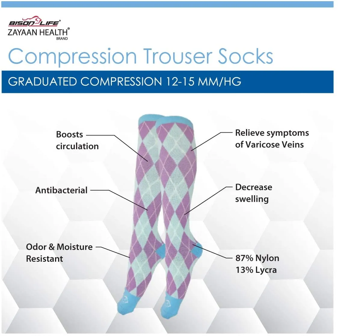 Argyle Compression Socks, Anti-Fatigue, Odor & Moisture Resistance, (4 Pairs)