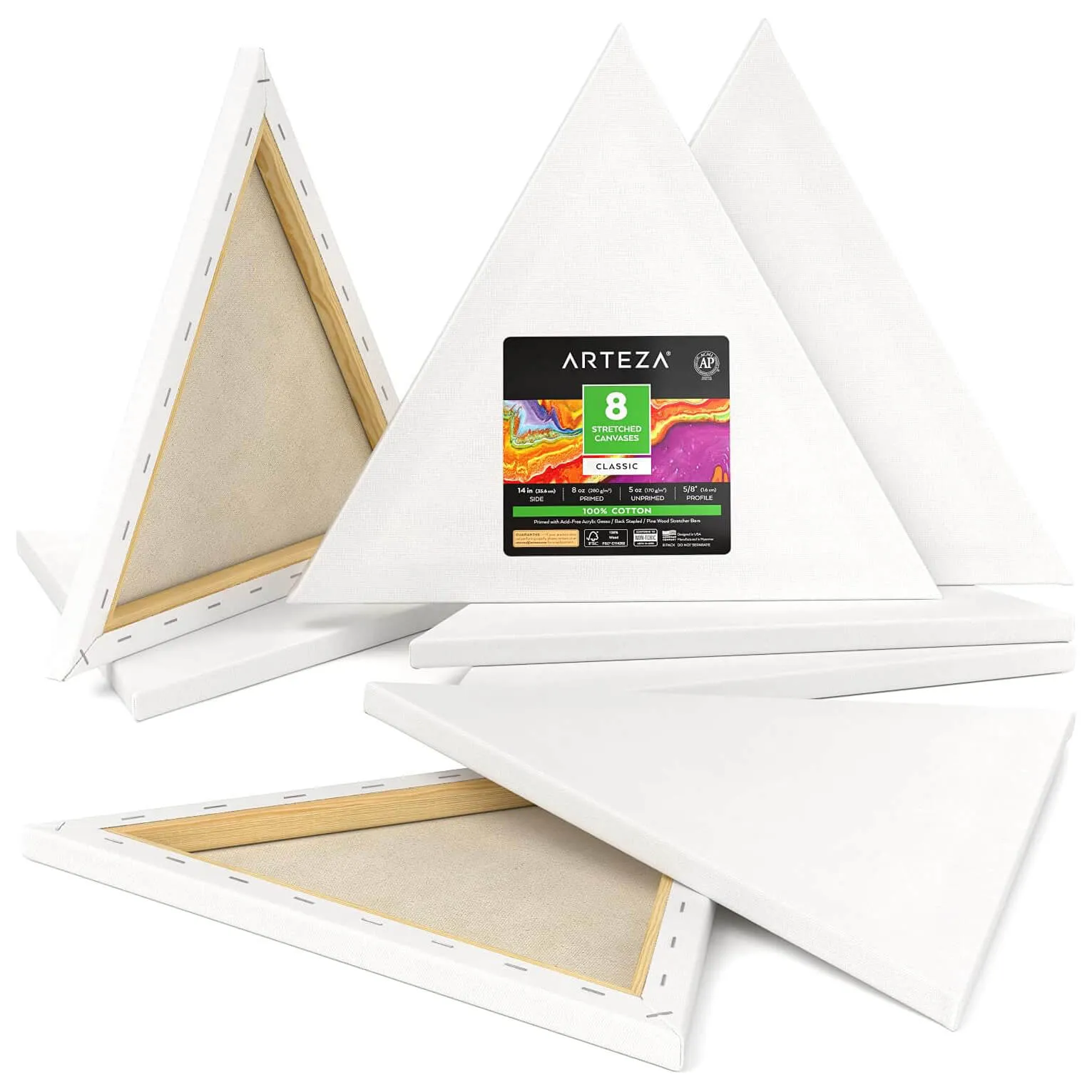 Arteza Classic Triangle Stretched Canvas Pack Gesso Primed White