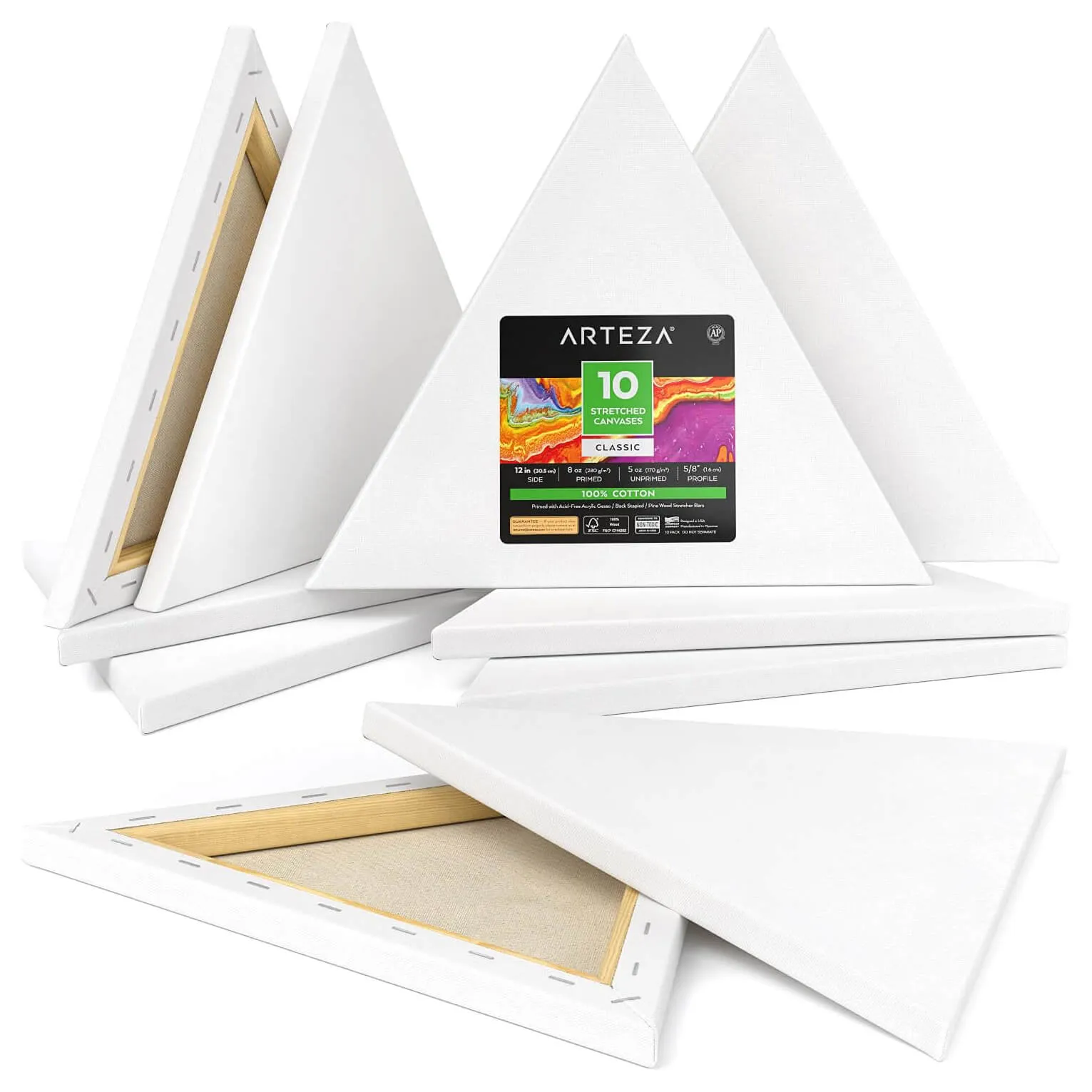 Arteza Classic Triangle Stretched Canvas Pack Gesso Primed White