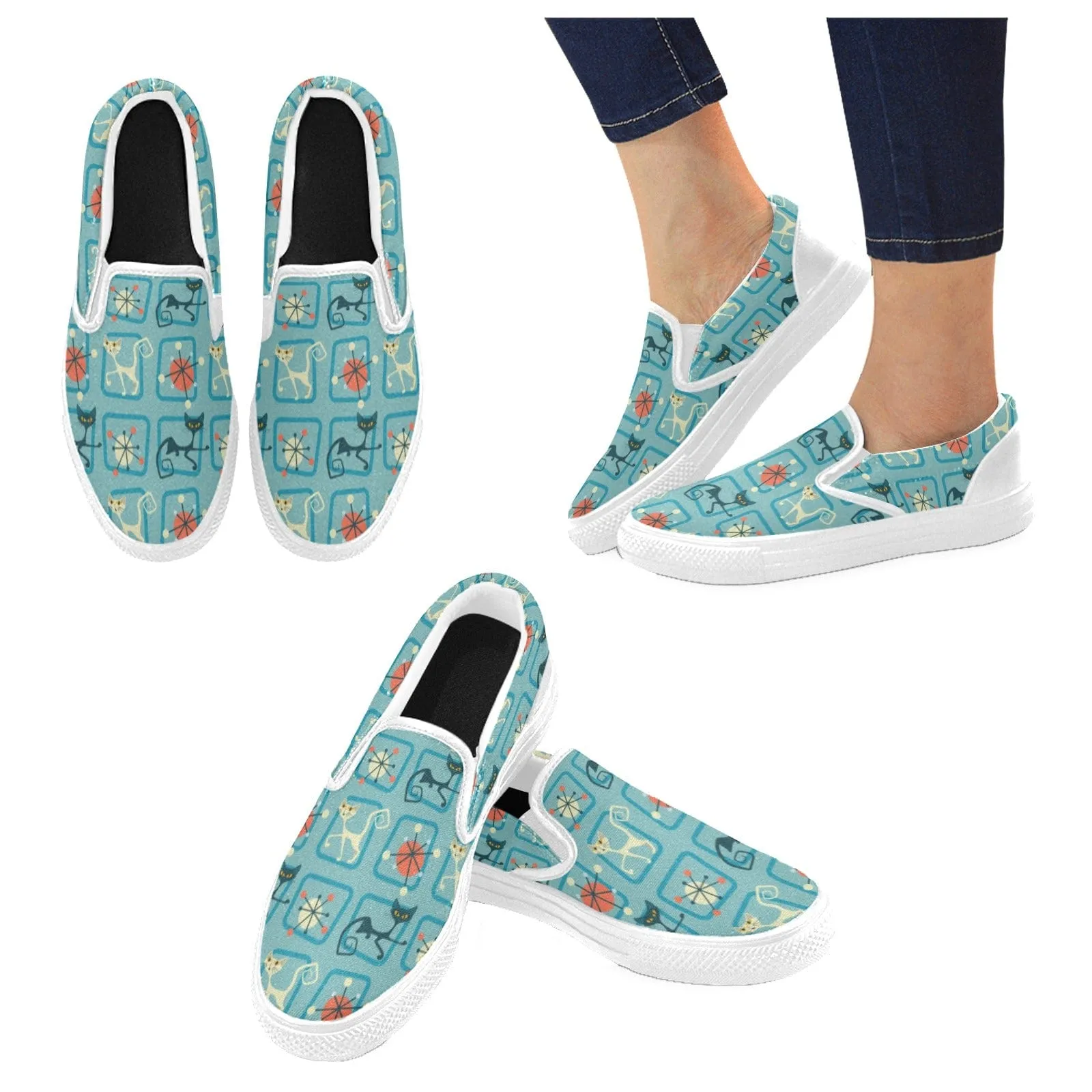 Atomic Kitty, Denim Blue Retro Slip-on Canvas Women's Retro Shoes
