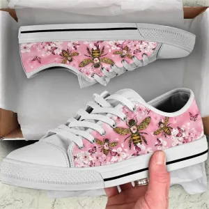 Bee Cherry Blossom Low Top Shoes, Animal Print Canvas Shoes, Print On Canvas Shoes