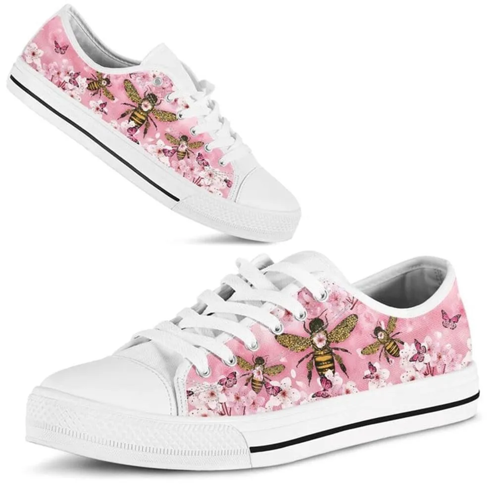 Bee Cherry Blossom Low Top Shoes, Animal Print Canvas Shoes, Print On Canvas Shoes