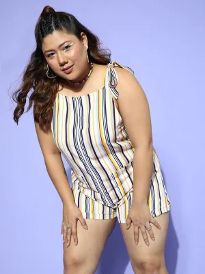 Berrylush Women Plus Size White & Multicoloured Stripe Printed V-Neck Sleeveless Tie-Up Strap Mini Playsuit