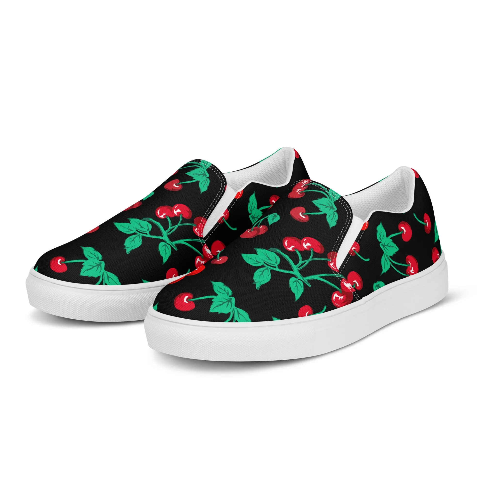 Black Coffee Cherry Girl Print Women’s Canvas Slip-On Deck Shoes | Pinup Couture Relaxed