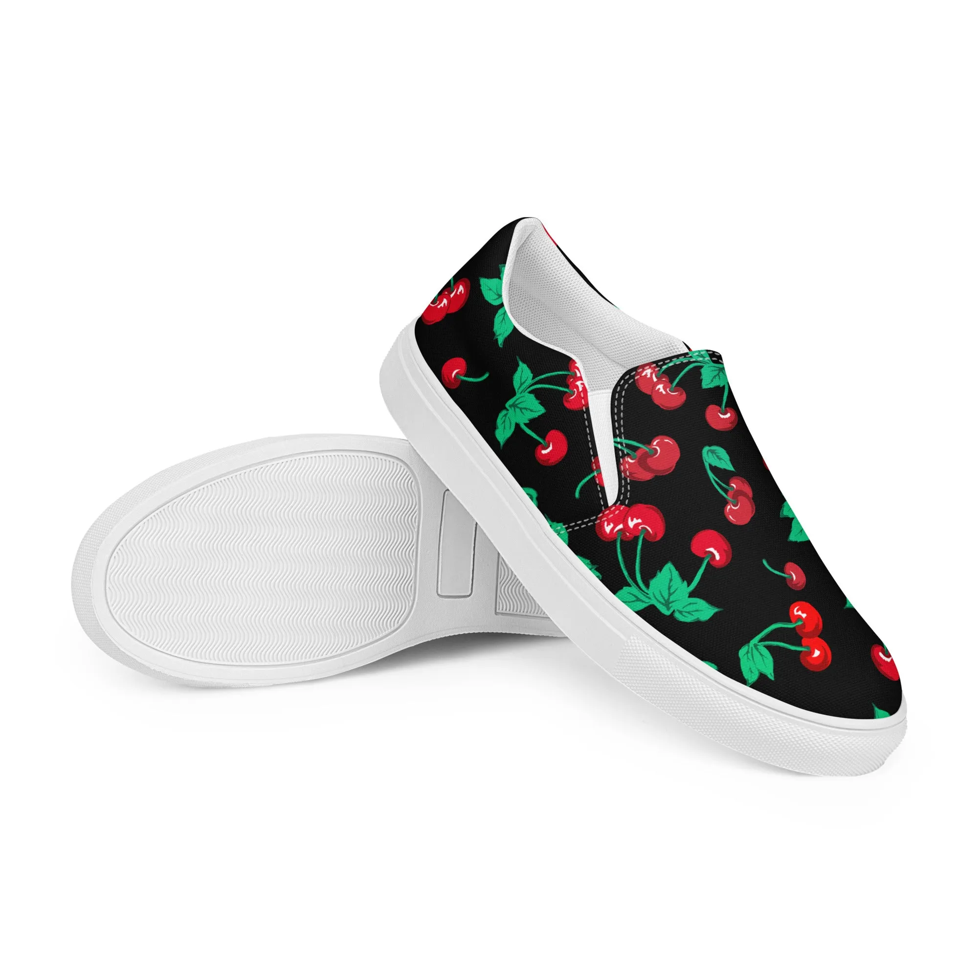 Black Coffee Cherry Girl Print Women’s Canvas Slip-On Deck Shoes | Pinup Couture Relaxed