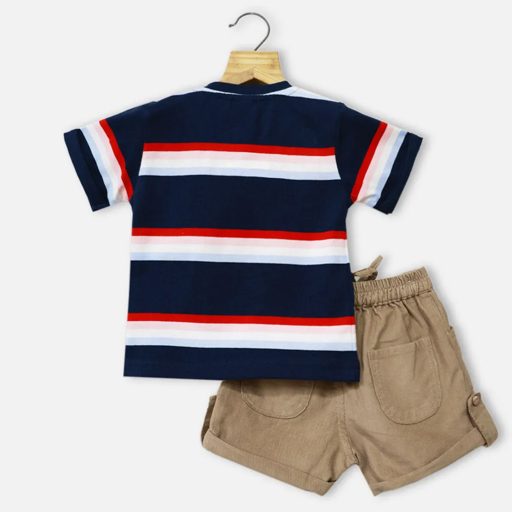 Blue Striped Half Sleeves T-Shirt With Beige Corduroy