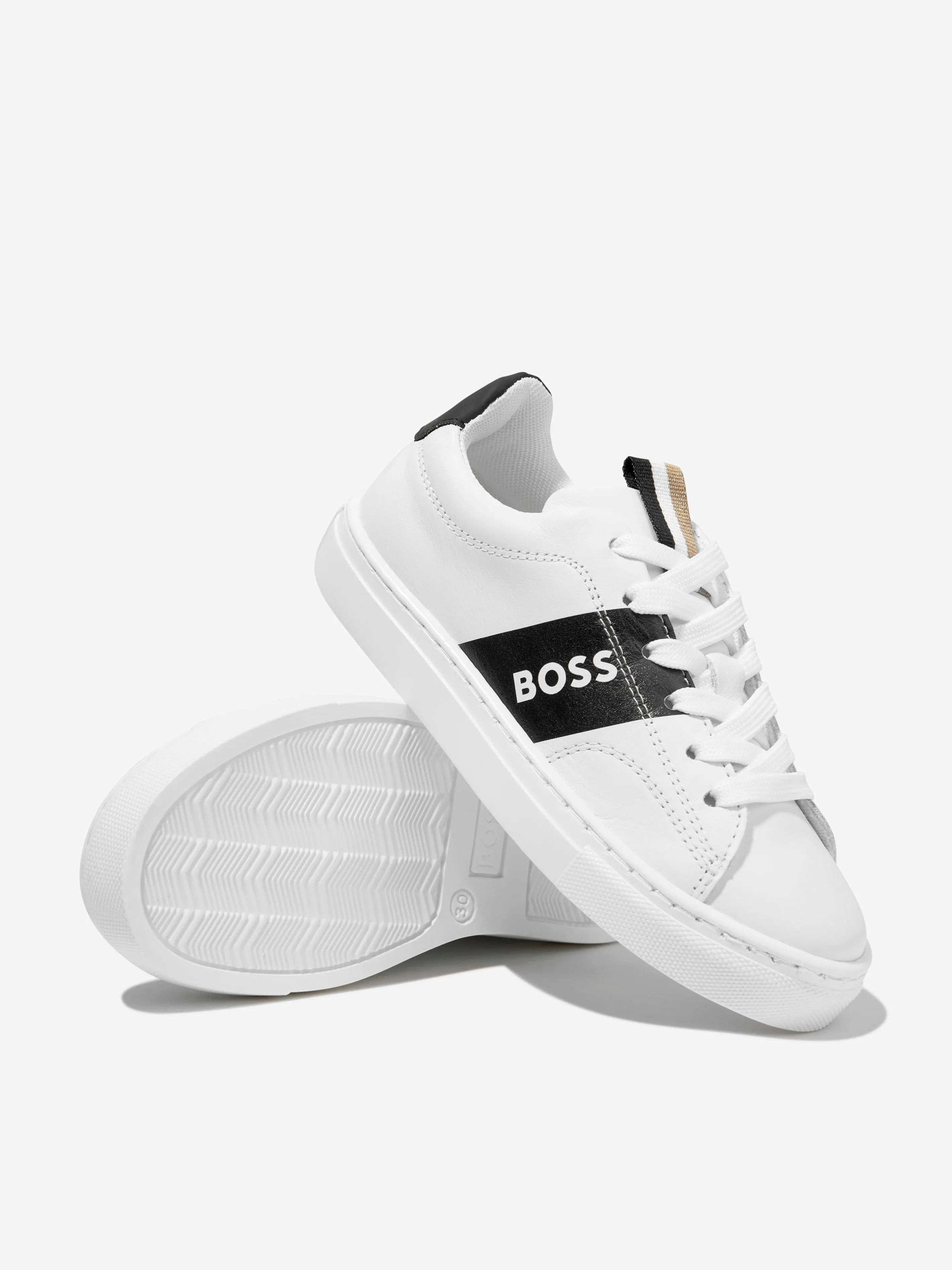 BOSS Boys Leather Logo Trainers in Black