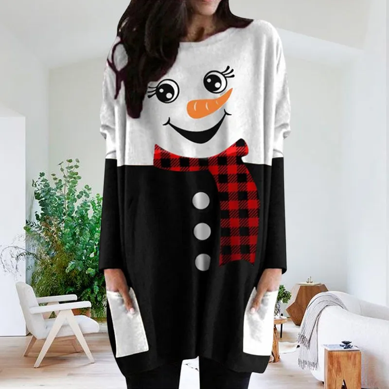 Christmas Snowman Print Long Sleeve Dress