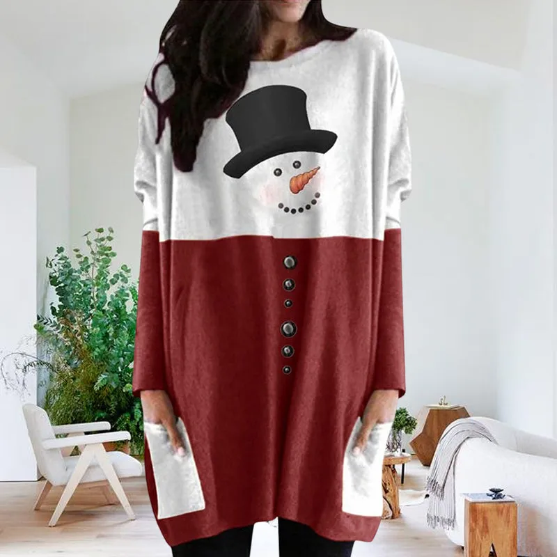 Christmas Snowman Print Long Sleeve Dress