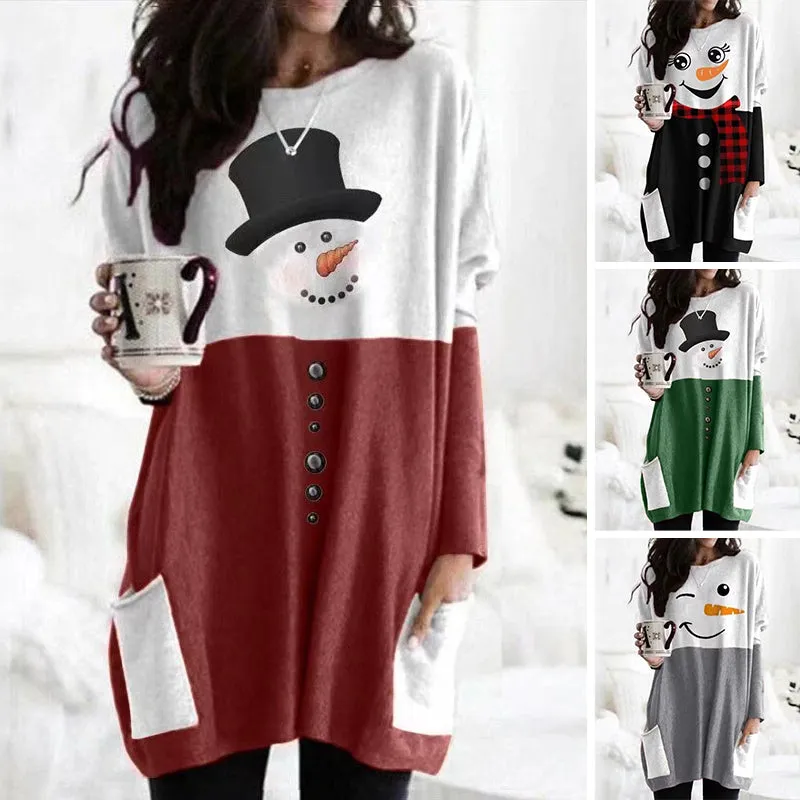 Christmas Snowman Print Long Sleeve Dress