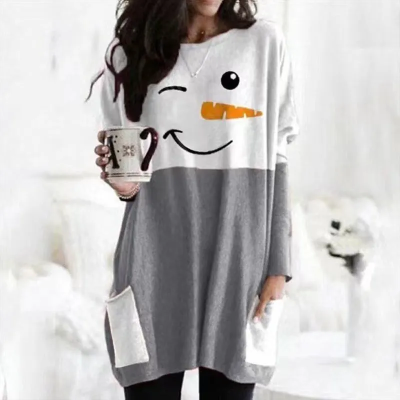 Christmas Snowman Print Long Sleeve Dress