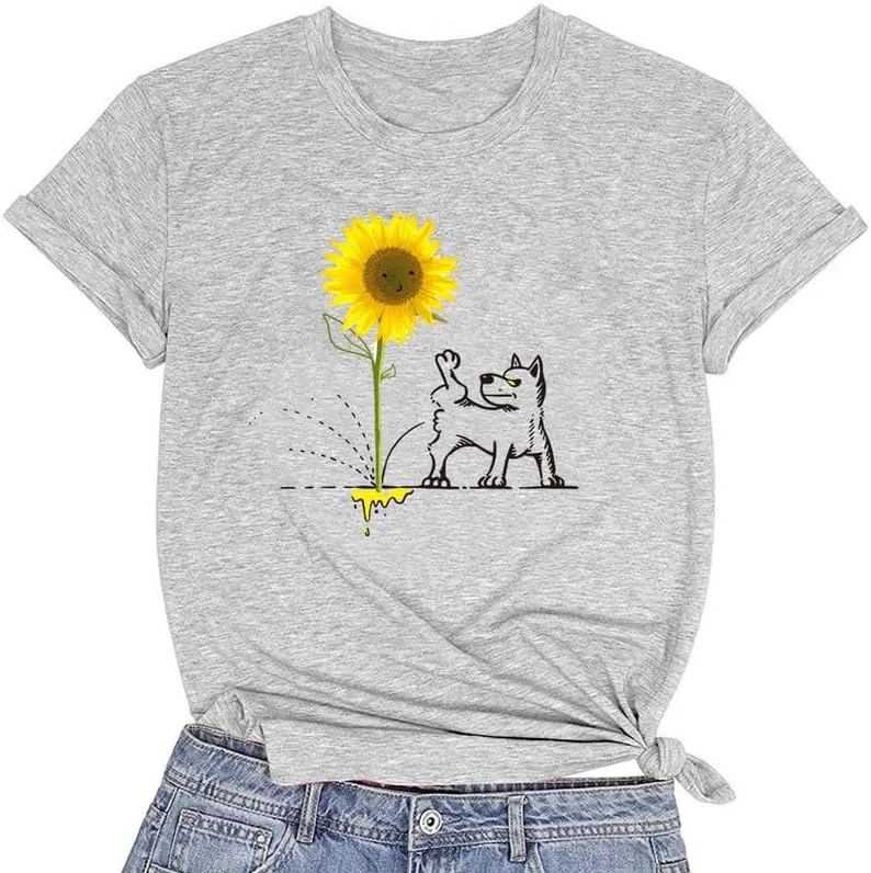 CORIRESHA Women's Dog Lovers Sunflower Print Summer Short Sleeve Round Neck Basic T-Shirt