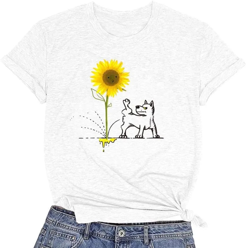 CORIRESHA Women's Dog Lovers Sunflower Print Summer Short Sleeve Round Neck Basic T-Shirt