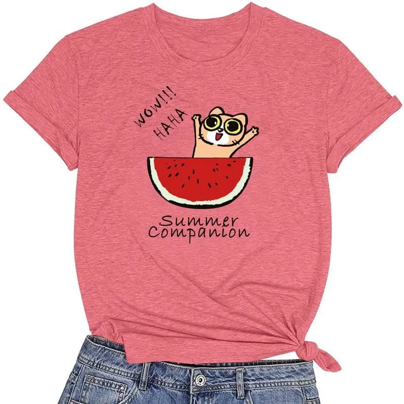 CORIRESHA Women's Funny Cat Eating Watermelon Pattern Crewneck Short Sleeve Cute T-Shirt