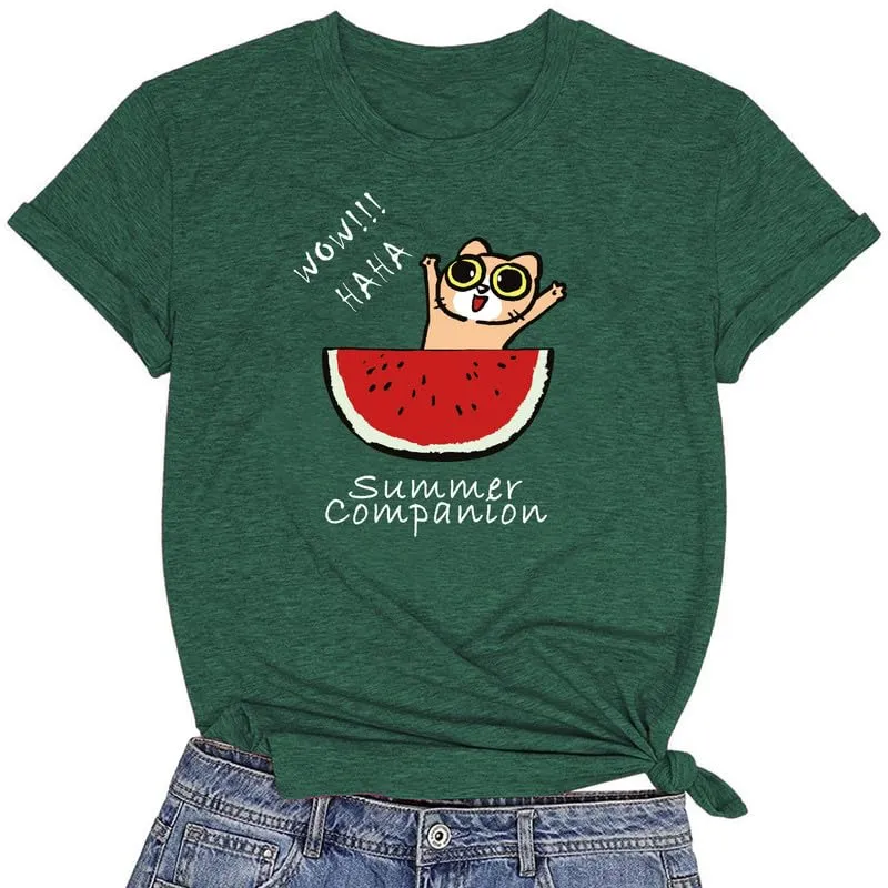 CORIRESHA Women's Funny Cat Eating Watermelon Pattern Crewneck Short Sleeve Cute T-Shirt