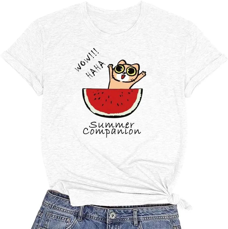 CORIRESHA Women's Funny Cat Eating Watermelon Pattern Crewneck Short Sleeve Cute T-Shirt