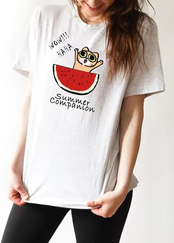 CORIRESHA Women's Funny Cat Eating Watermelon Pattern Crewneck Short Sleeve Cute T-Shirt