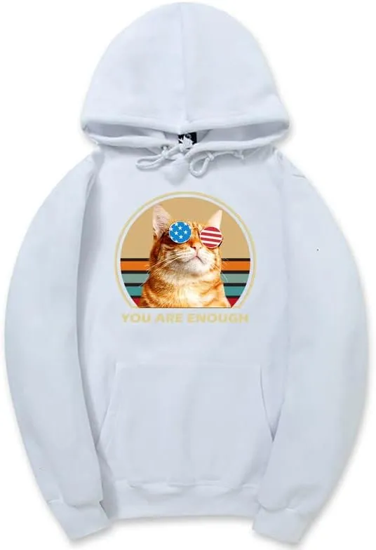 CORIRESHA You are Enough Teen Cute Hoodie Casual Long Sleeve Drawstring Cotton Cat Lovers Sweatshirts