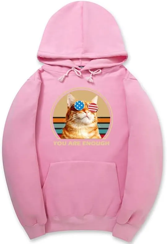 CORIRESHA You are Enough Teen Cute Hoodie Casual Long Sleeve Drawstring Cotton Cat Lovers Sweatshirts