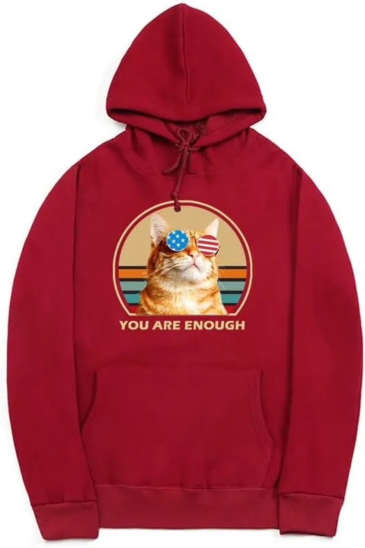 CORIRESHA You are Enough Teen Cute Hoodie Casual Long Sleeve Drawstring Cotton Cat Lovers Sweatshirts