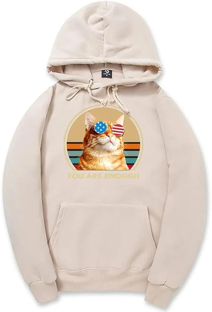 CORIRESHA You are Enough Teen Cute Hoodie Casual Long Sleeve Drawstring Cotton Cat Lovers Sweatshirts