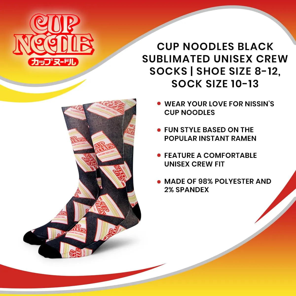 Cup Noodles Black Sublimated Unisex Crew Socks | Shoe Size 8-12, Sock Size 10-13