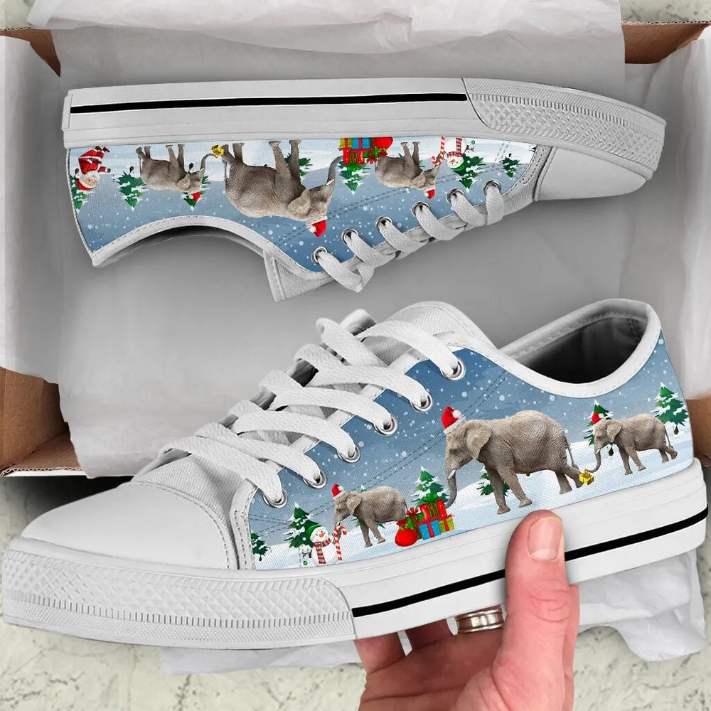 Elephant Merry Christmas Low Top Shoes Receive Xmas Gift, Animal Print Canvas Shoes, Print On Canvas Shoes