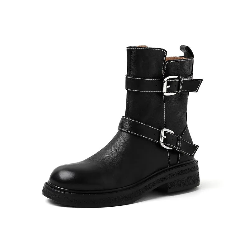 Fashion Leather Short Boots For Women Winter Boots With Double Buckles In Black/Coffee