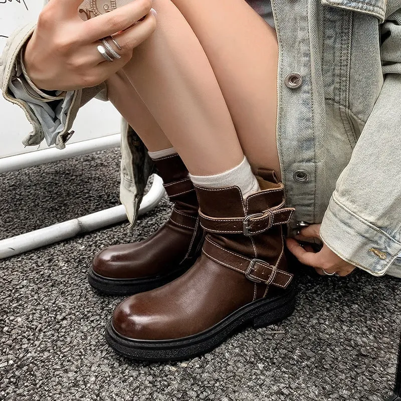 Fashion Leather Short Boots For Women Winter Boots With Double Buckles In Black/Coffee