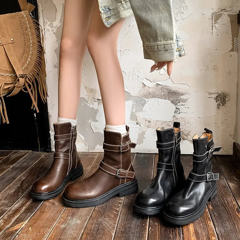 Fashion Leather Short Boots For Women Winter Boots With Double Buckles In Black/Coffee