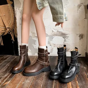 Fashion Leather Short Boots For Women Winter Boots With Double Buckles In Black/Coffee