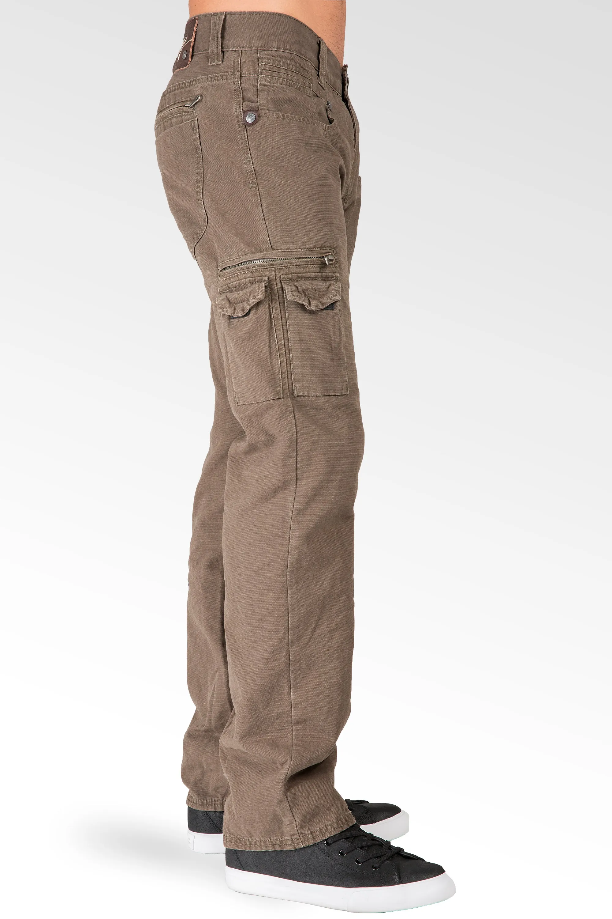 Fatigue Brown Relaxed Straight Premium Canvas Utility Jeans Cargo Zipper Pockets