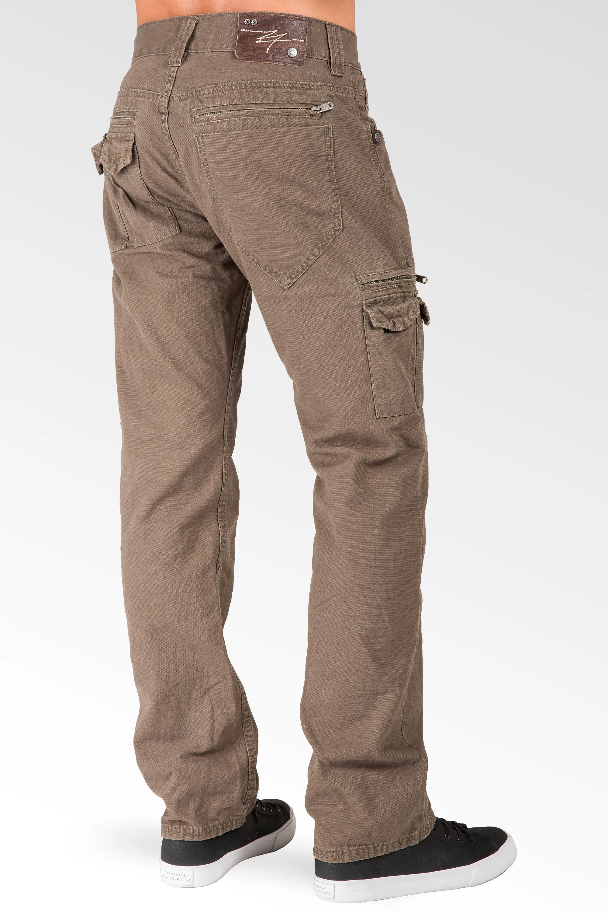 Fatigue Brown Relaxed Straight Premium Canvas Utility Jeans Cargo Zipper Pockets