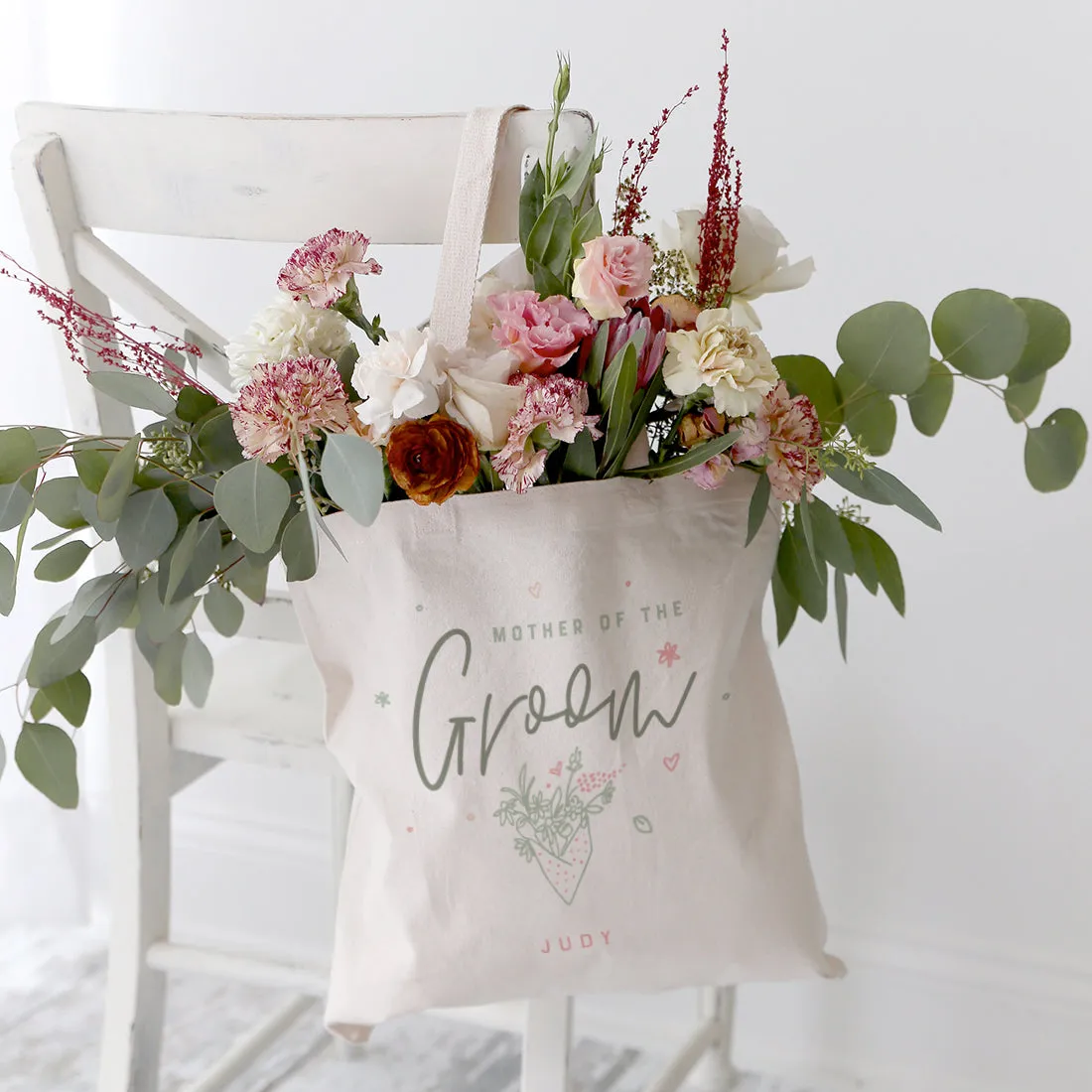 Floral Personalized Name Mother of the Groom  Wedding Cotton Canvas Tote Bag by The Cotton & Canvas Co.