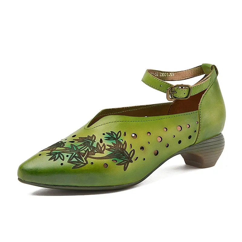 Handmade Leather Retro Pointed Toe Ankle Strap Pumps Block Heels in Green