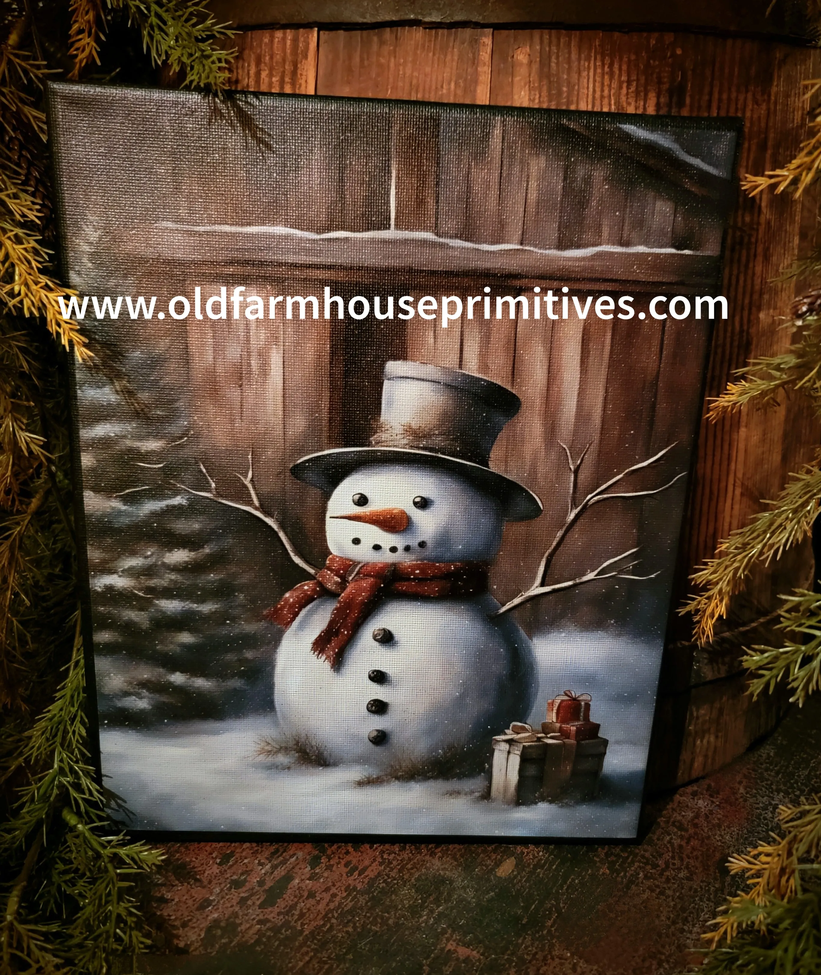 #HGC1074 Primitive Snowman With Gifts 8x10 Canvas Print