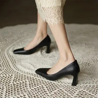 Hnzxzm French Elegance High Heels Retro Fashion Chunky Heels Pumps Women Shoes Vintage Square Toe High Heels White Collar Office Shoes