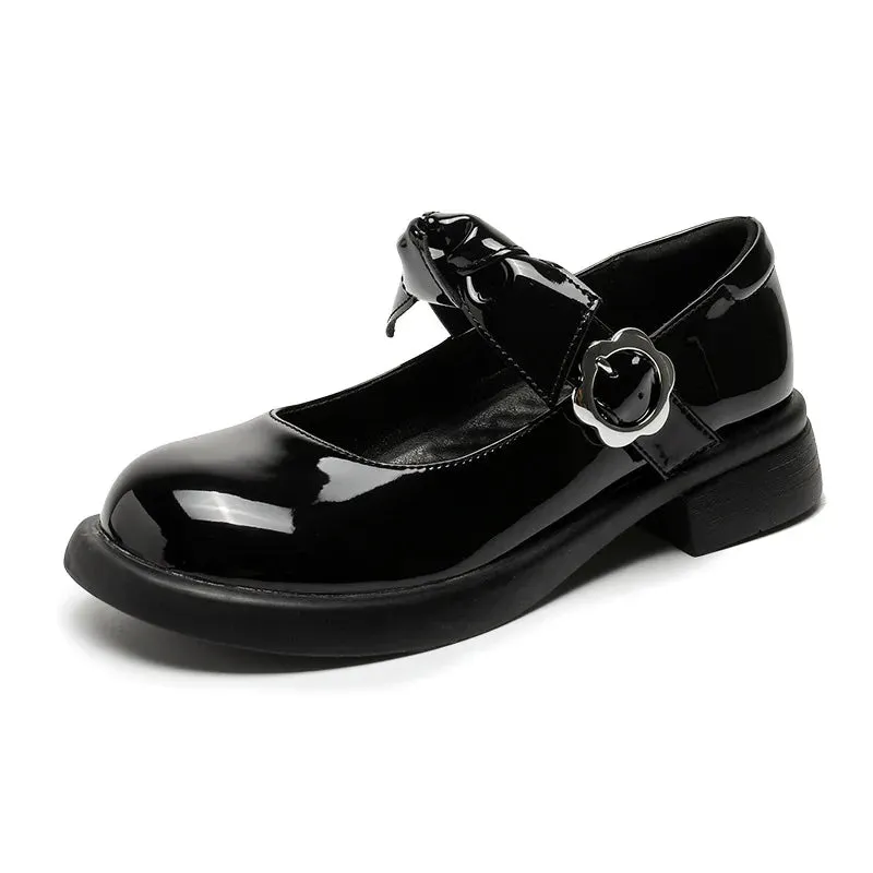 Hnzxzm Summer Retro Leather Low-heel Mary Jane Shoes Bow with Collegiate Style Women's Patent Leather Small Leather Shoes Lolita