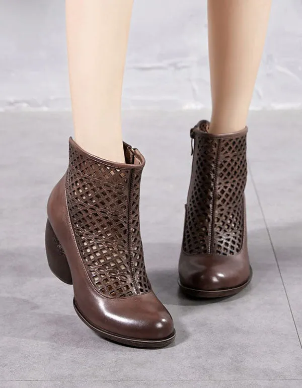 Hollow Chunky Heels Round Head Short Boots