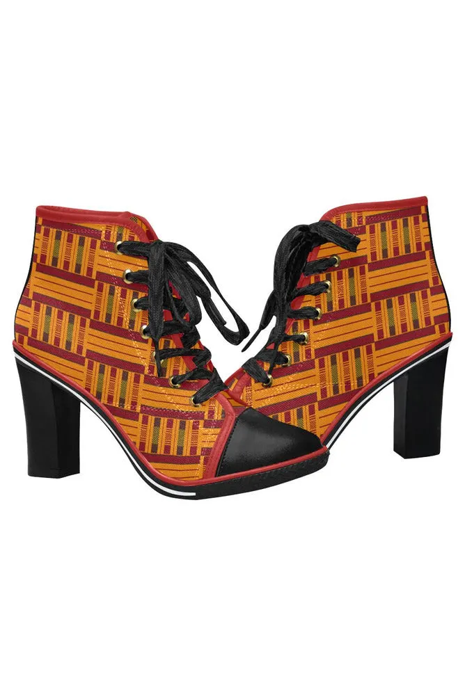 Kente Print Lace Up Chunky Heel Ankle Booties