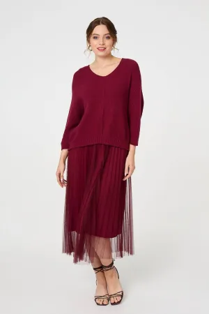 Layered Knit Top Mesh Pleated Midi Dress