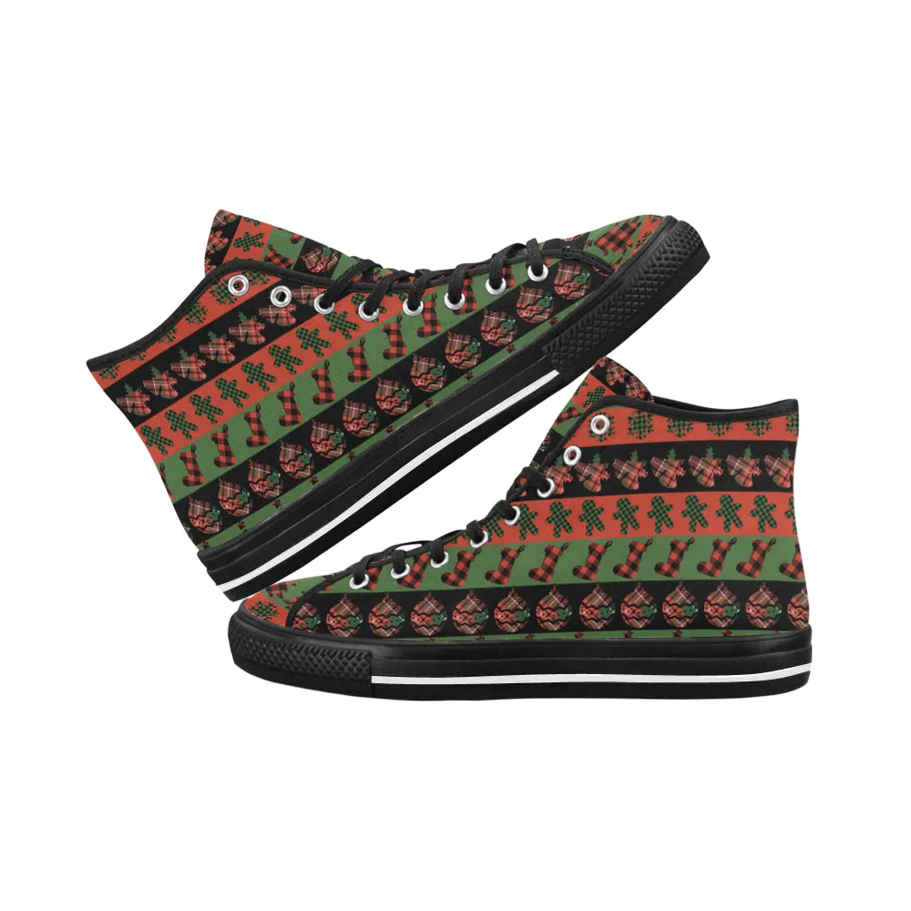 Men's Christmas Plaids Print Big Size Canvas High Top Shoes (Black)