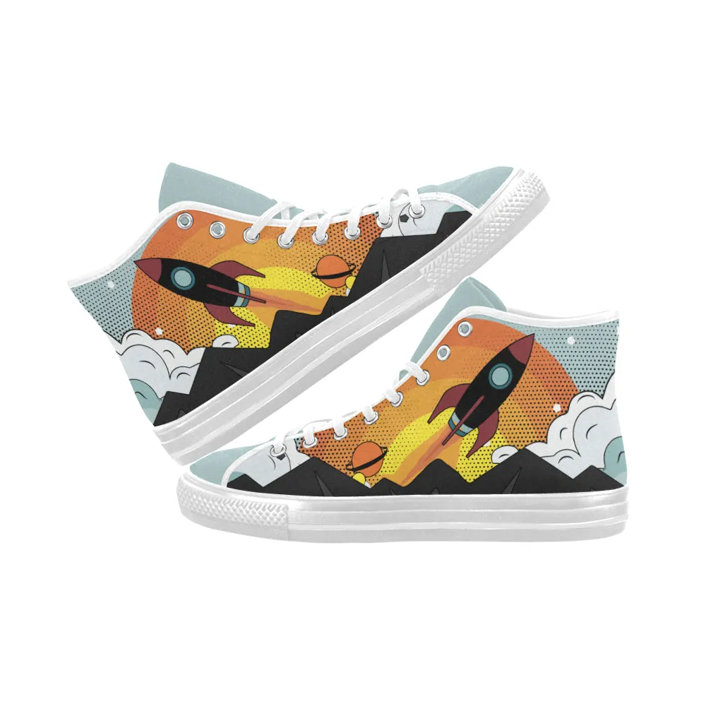 Men's Flying Rocket Pop Art Print Canvas High Top Shoes (White)