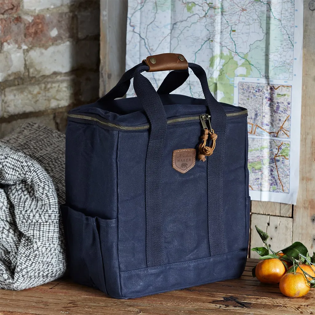 Navy Blue Waxed Canvas Cool Bag - Insulated For Hot Food Too